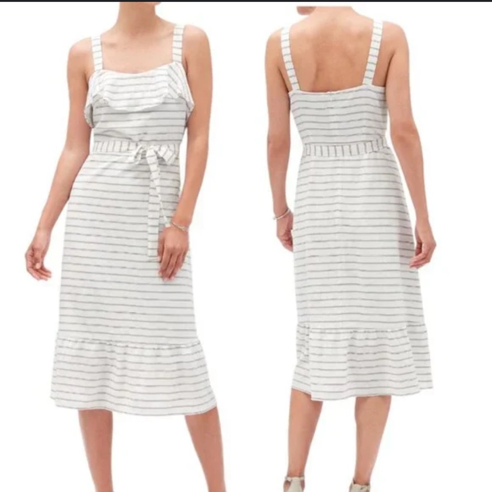 New Banana Republic Nautical Crepe Wide Strap Ruffled Belted Sun Dress Midi - Picture 3 of 10